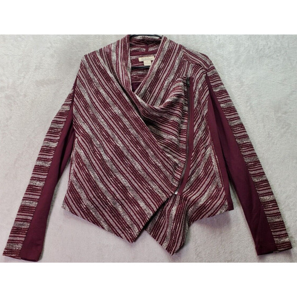 Lucky Brand Cardigan Sweater Women Small Burgundy Stripe Polyester Cliffside Zip - Picture 1 of 9